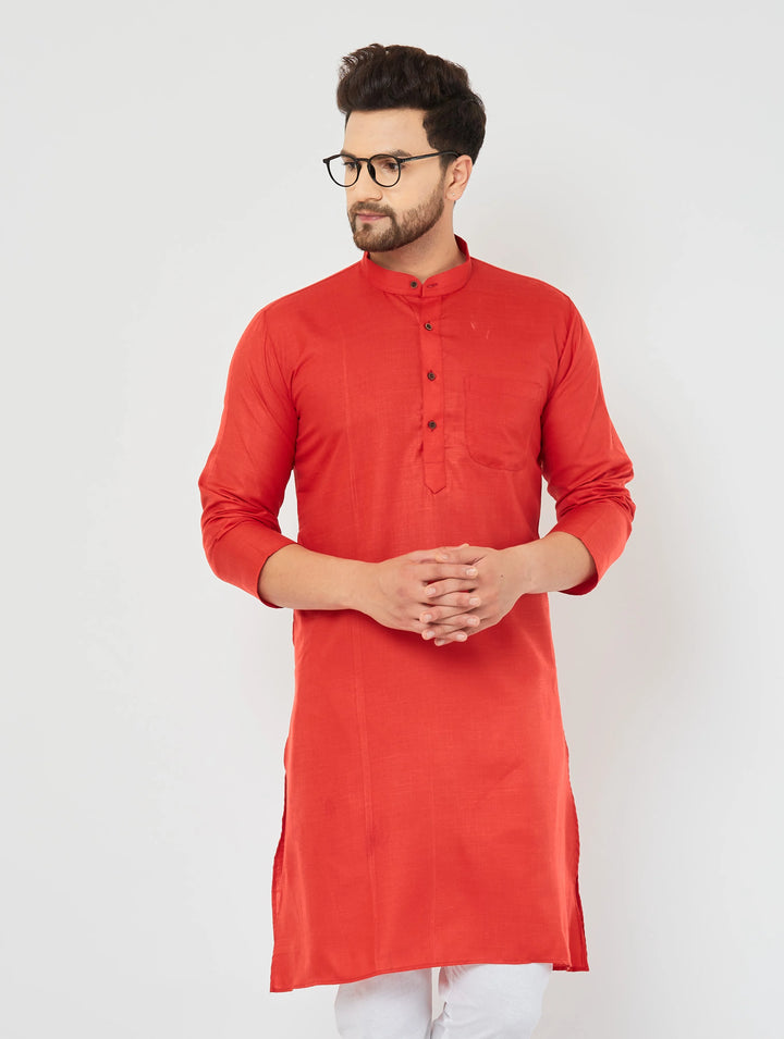 Men's Solid Plain Red Cotton Kurta