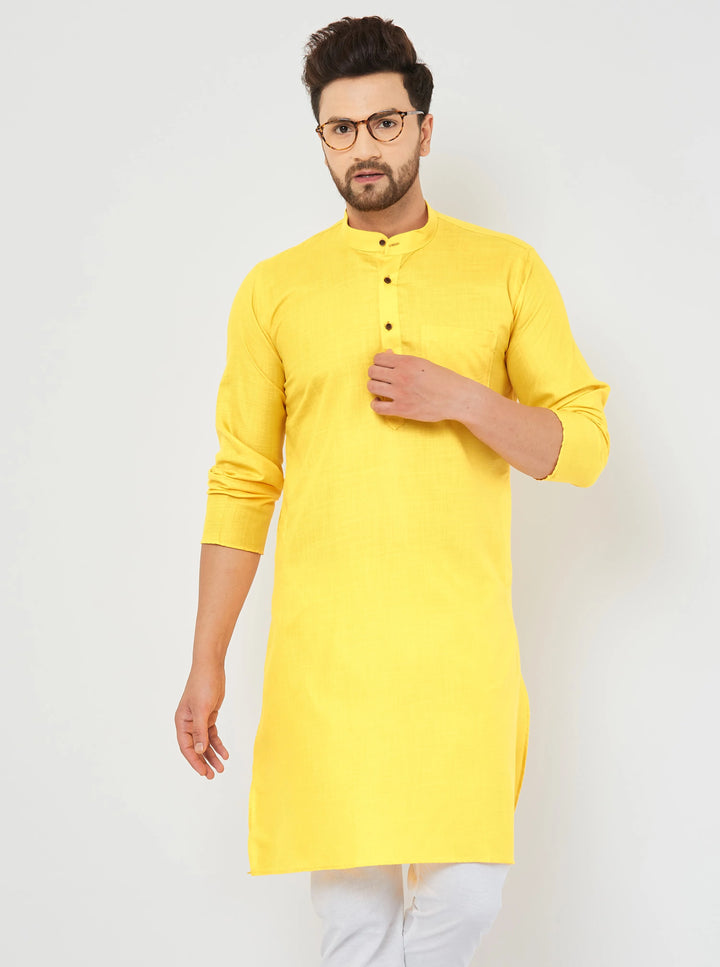 Men's Plain Solid Yellow Pure Cotton Kurta Only