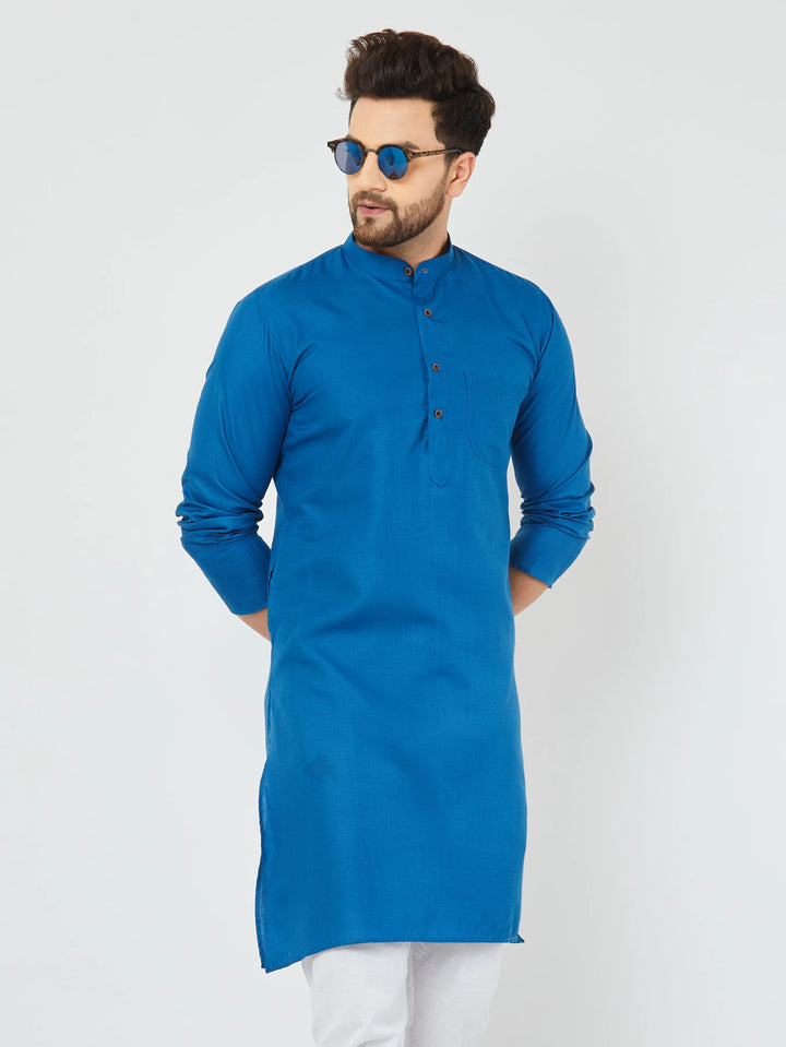 Men's Plain Solid Peacock Blue Cotton Kurta