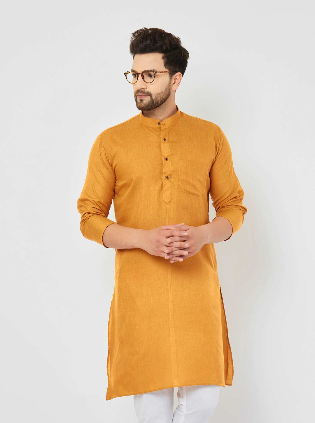 Men's Mustard Color Band Collar Long Sleeve Straight Pocket Cotton Kurta