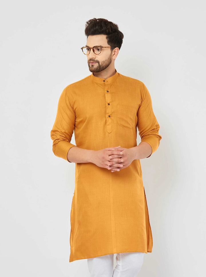 Men's Mustard Color Band Collar Long Sleeve Straight Pocket Cotton Kurta