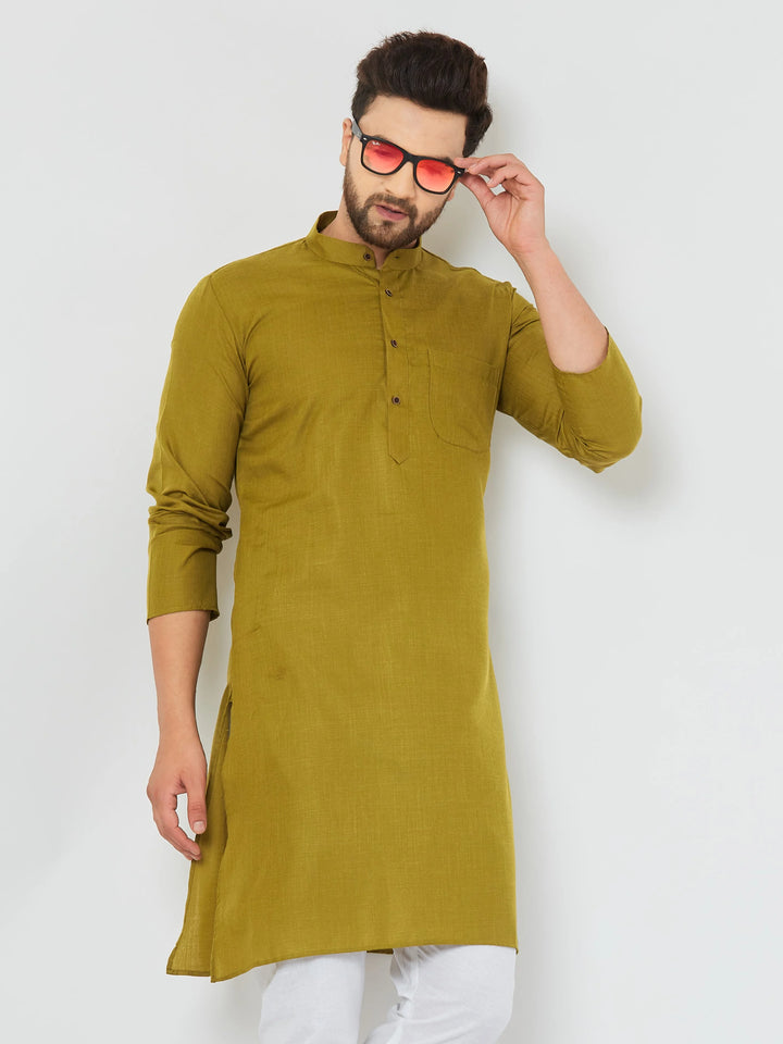 Men's Plain Solid Mehandi Color Cotton Kurta