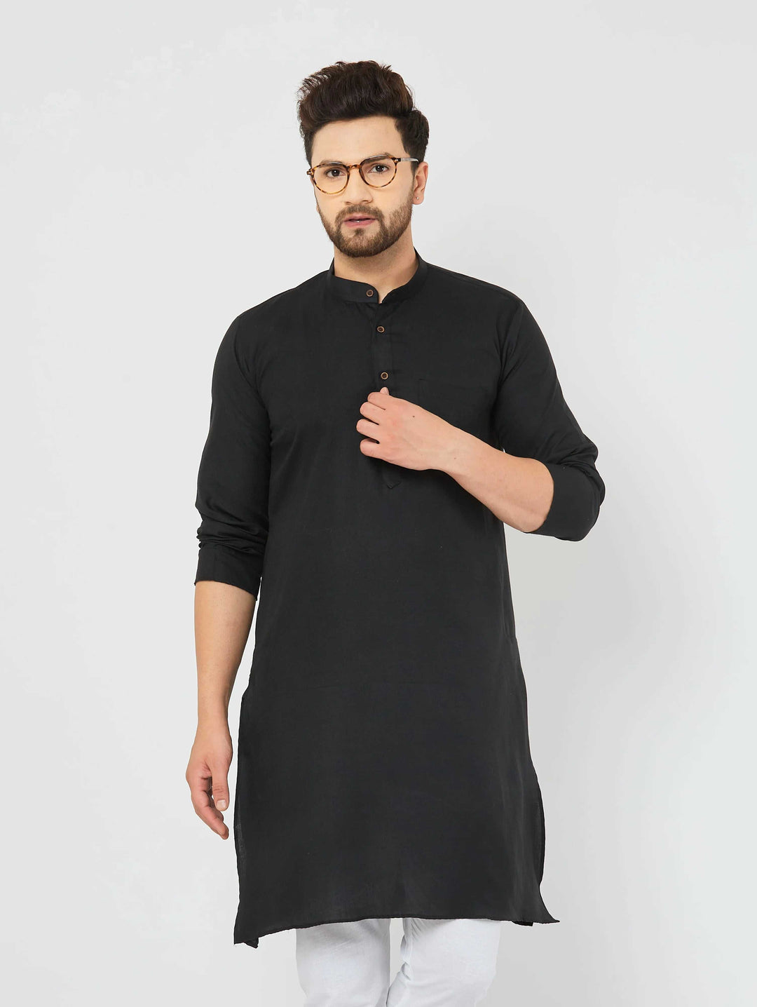 Men's Black Solid Cotton Bland Kurta