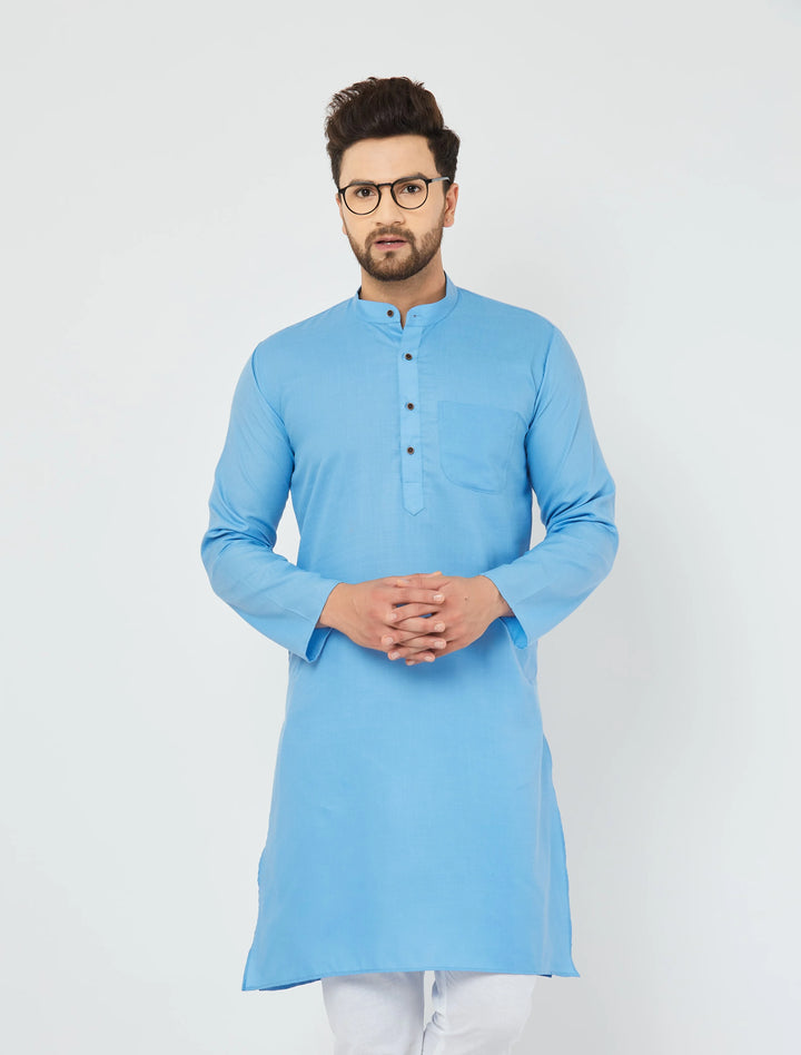 Men's Sky Blue Pure Cotton Bland Kurta