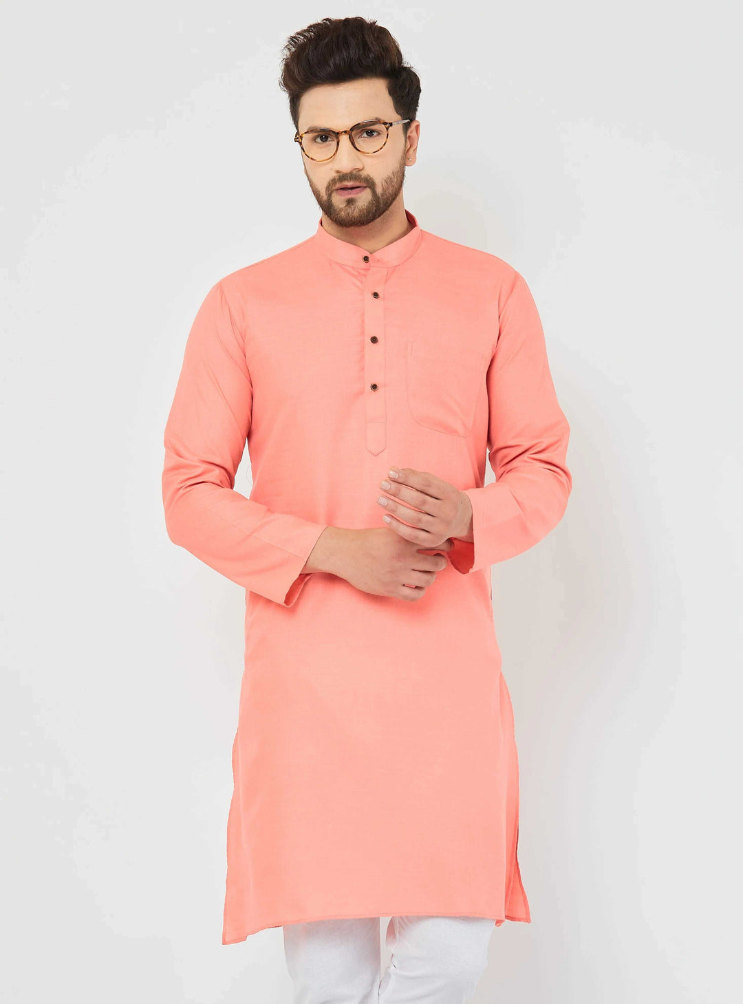 Men's Peach Cotton Bland Kurta