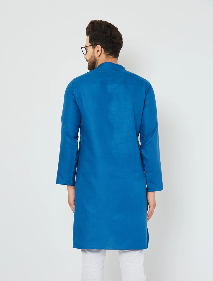 Men's Plain Solid Peacock Blue Cotton Kurta