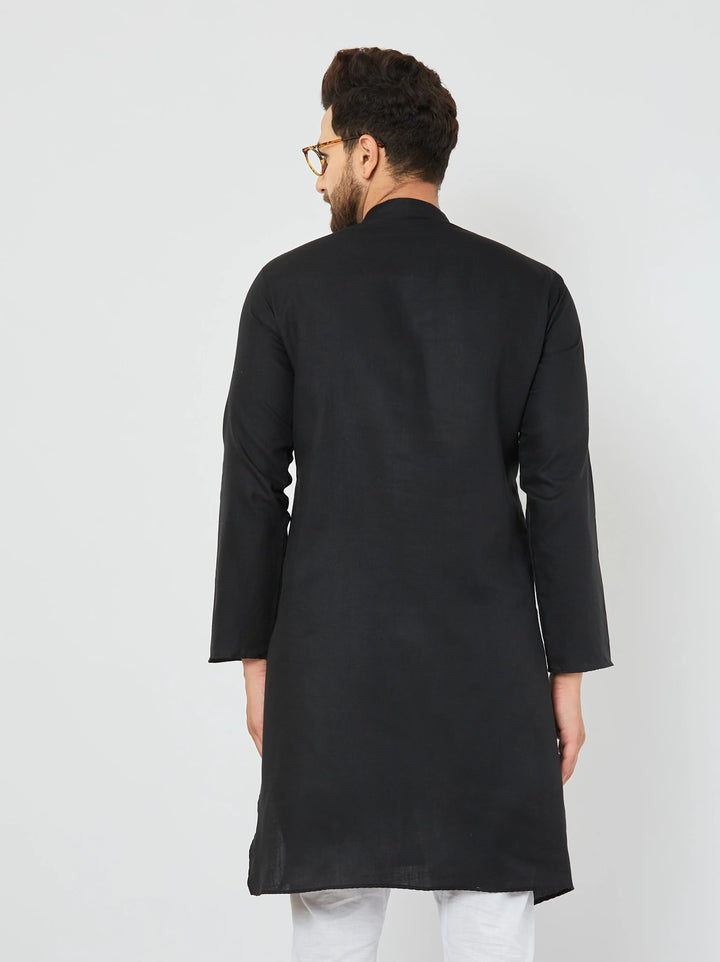 Men's Black Solid Cotton Bland Kurta