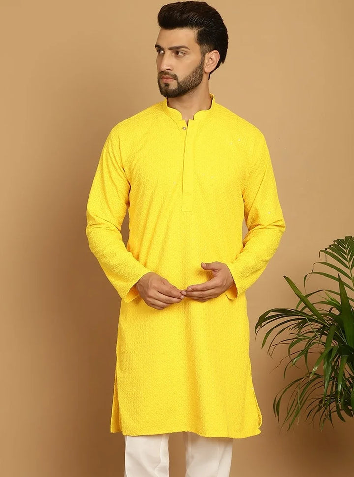 Men's Radiant Elegance: Yellow Rayon Sequence Kurta for a Vibrant Statement