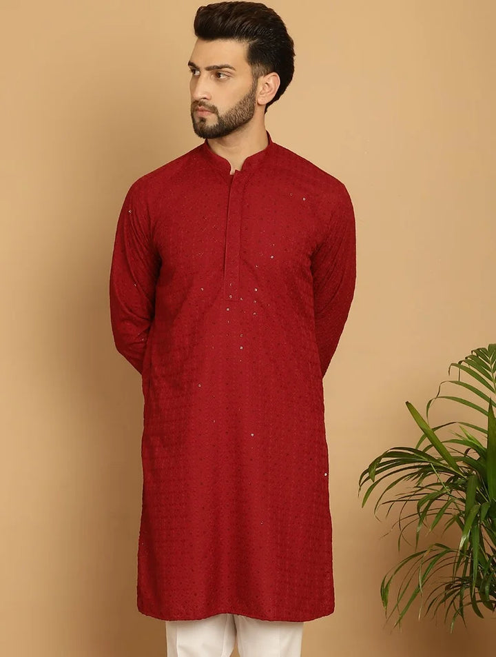 Men's Crimson Charm Red Rayon Sequence Kurta for Timeless Elegance