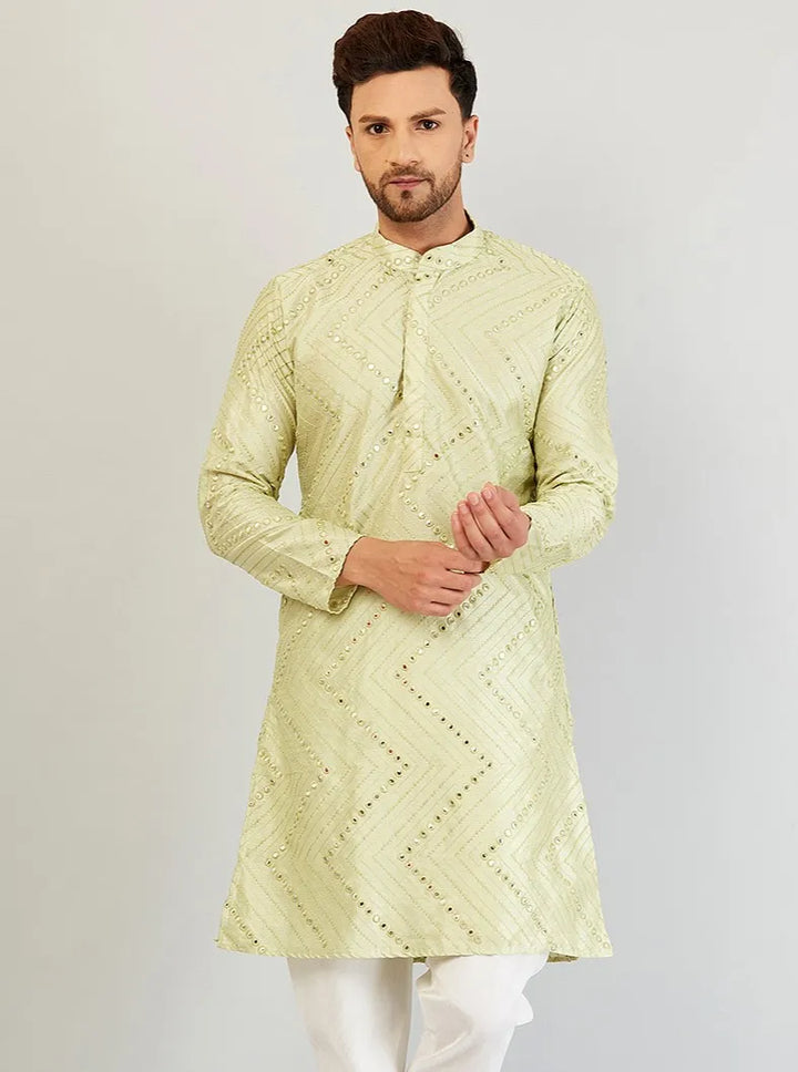 Pista Green Elegance Mirror Work Kurta for Men - Reflecting Style with Traditional Flair