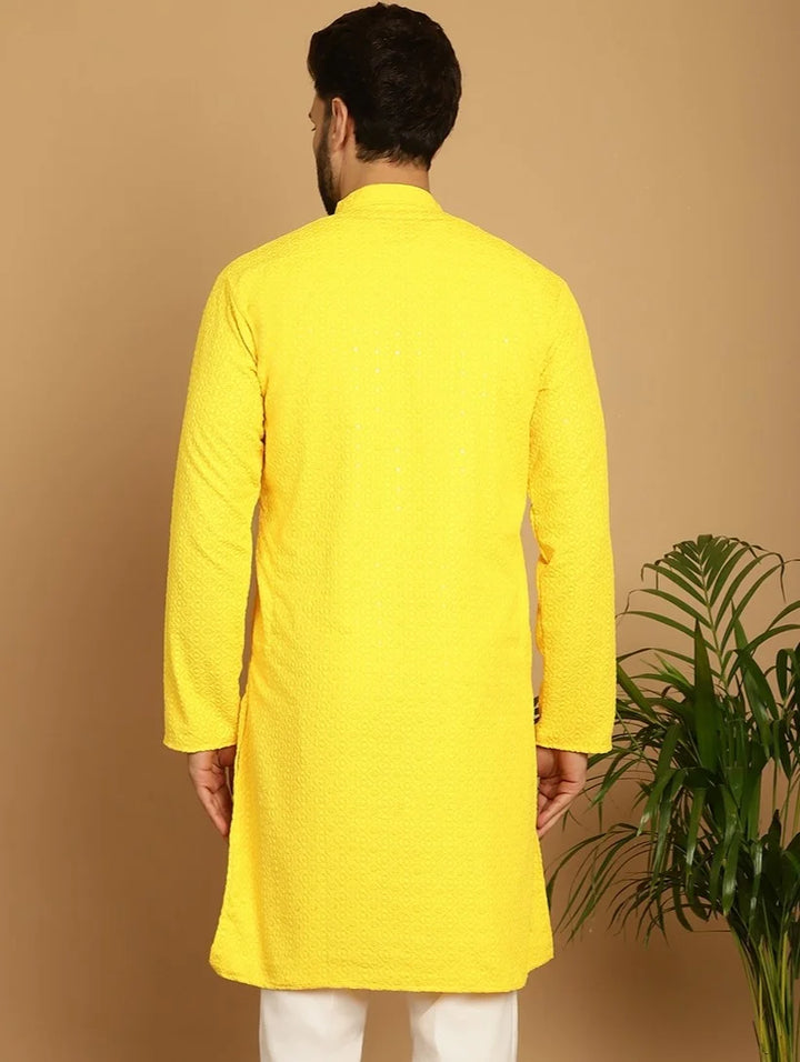 Men's Radiant Elegance: Yellow Rayon Sequence Kurta for a Vibrant Statement