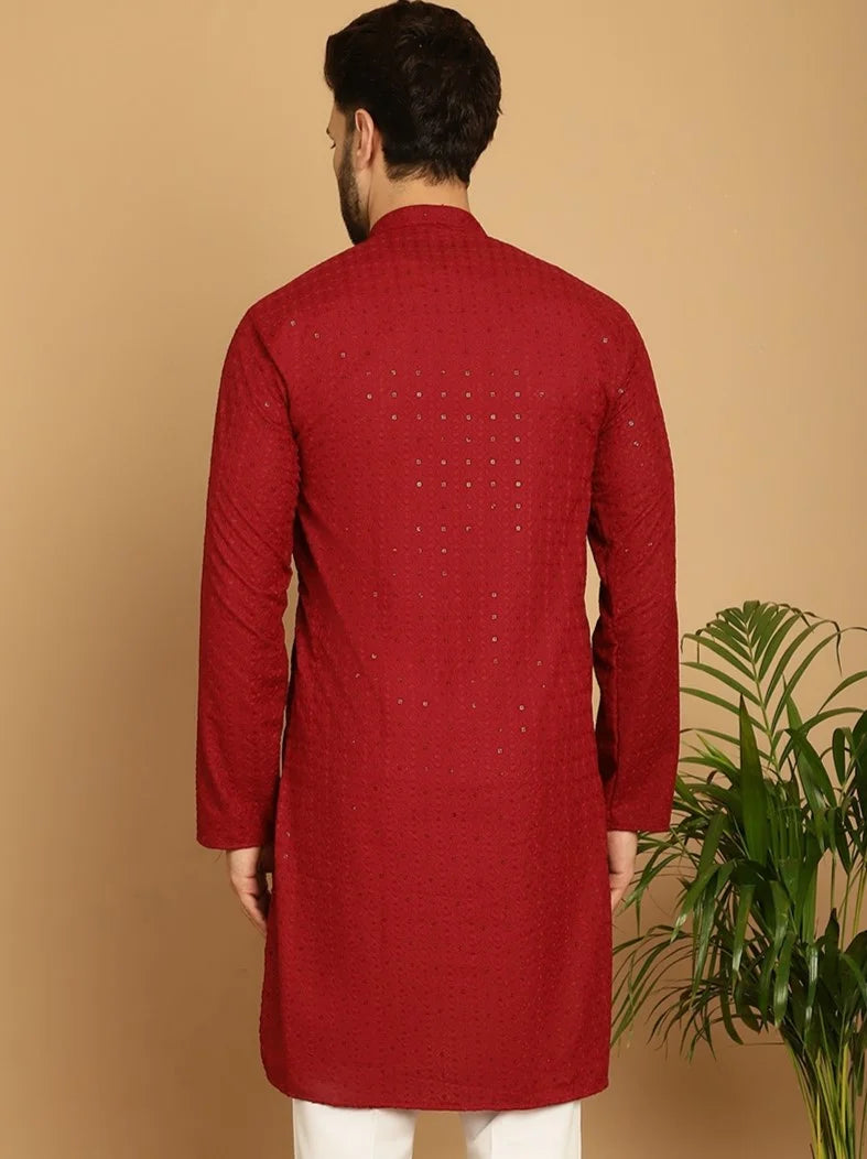 Men's Crimson Charm Red Rayon Sequence Kurta for Timeless Elegance