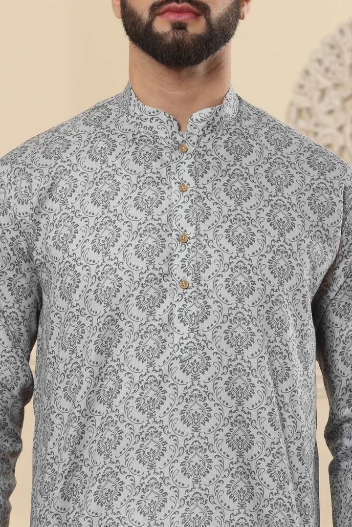 Grey Printed Kurta and Pyjama Set for Men