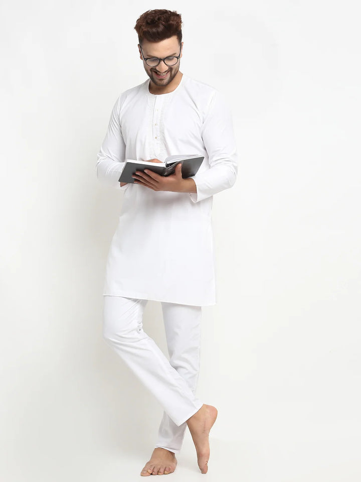 Men's Elegant White Cotton Night Kurta Pajama Set - Comfortable Sleepwear