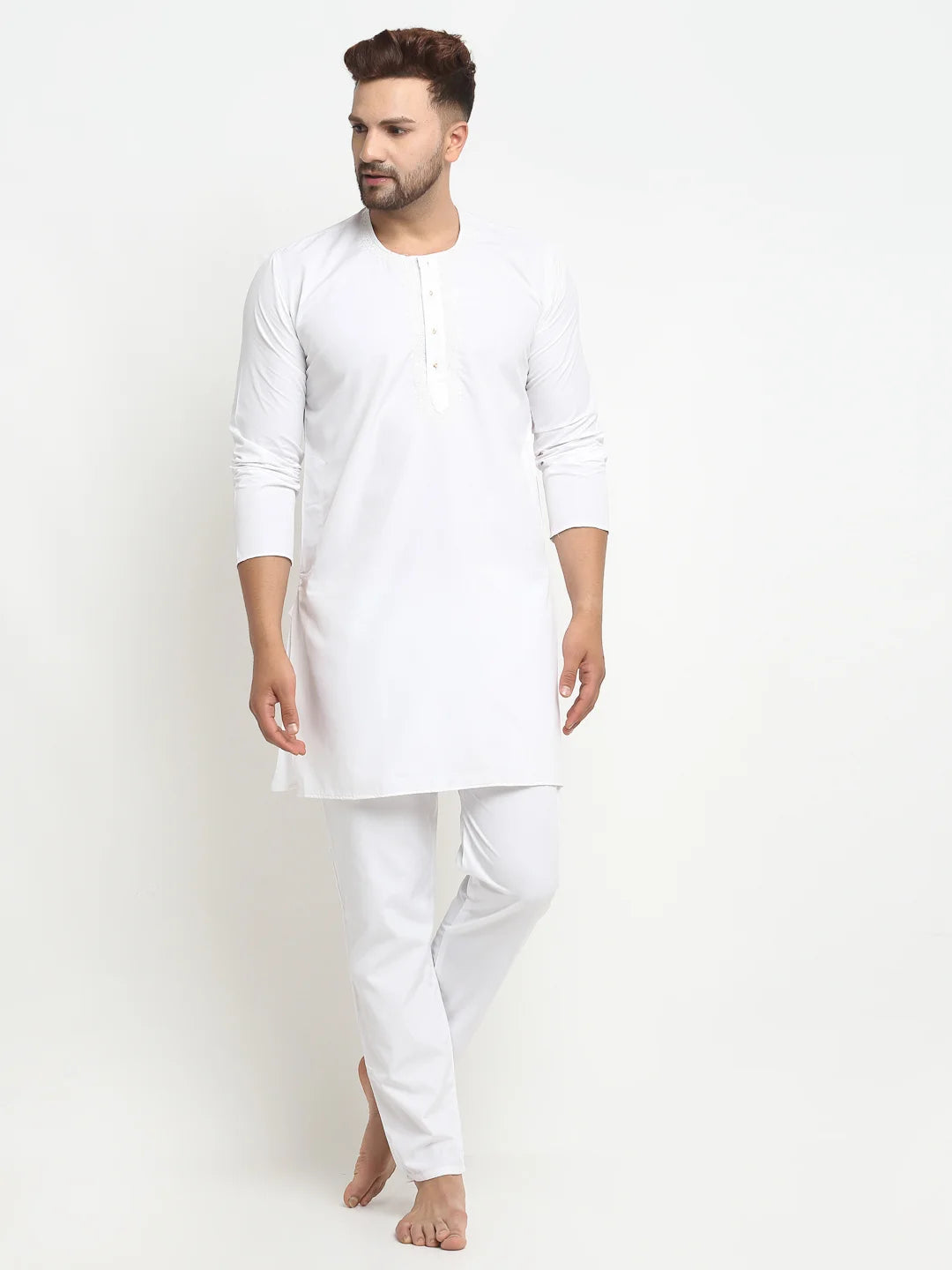 Men's Elegant White Cotton Night Kurta Pajama Set - Comfortable Sleepwear