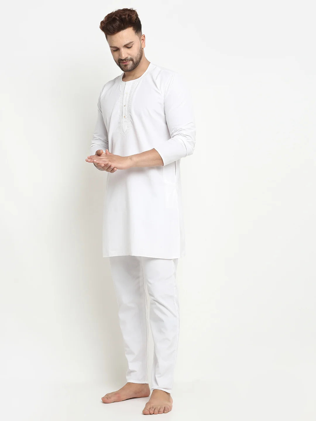 Men's Elegant White Cotton Night Kurta Pajama Set - Comfortable Sleepwear