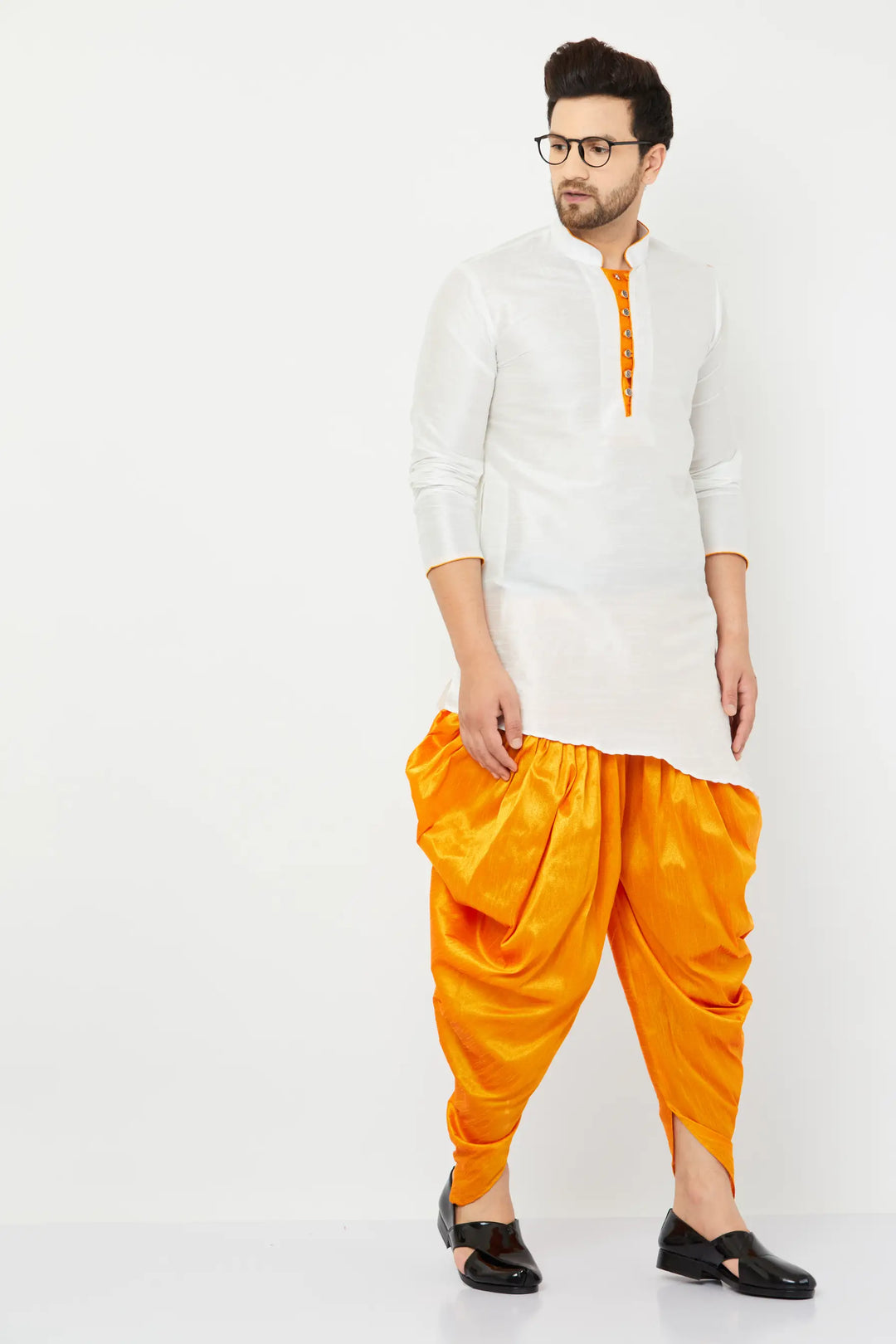 Timeless White and Orange Silk Dhoti Kurta Set for Men