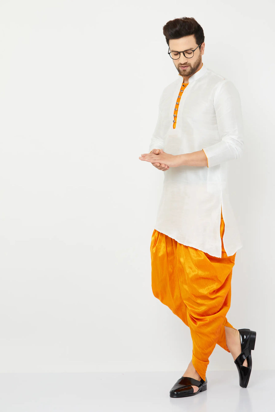 Timeless White and Orange Silk Dhoti Kurta Set for Men