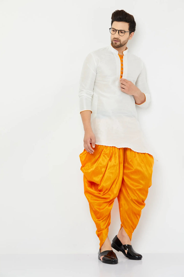 Timeless White and Orange Silk Dhoti Kurta Set for Men