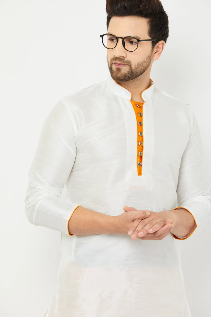 Timeless White and Orange Silk Dhoti Kurta Set for Men