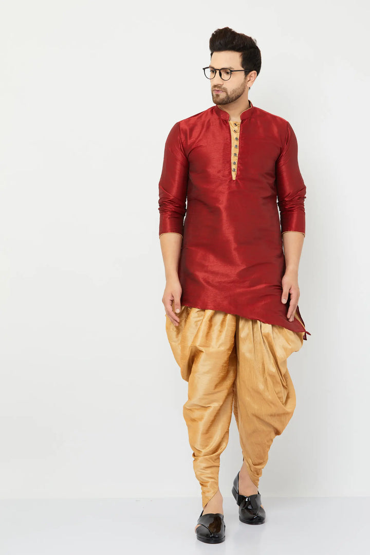 Regal Maroon and Gold Silk Dhoti Kurta Set for Men