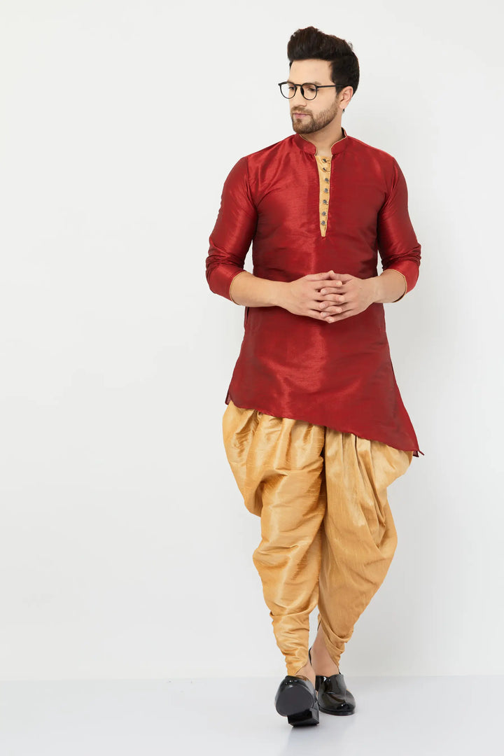 Regal Maroon and Gold Silk Dhoti Kurta Set for Men