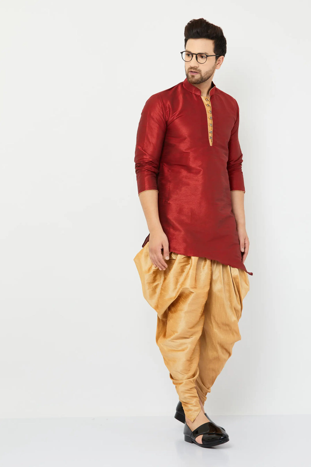 Regal Maroon and Gold Silk Dhoti Kurta Set for Men