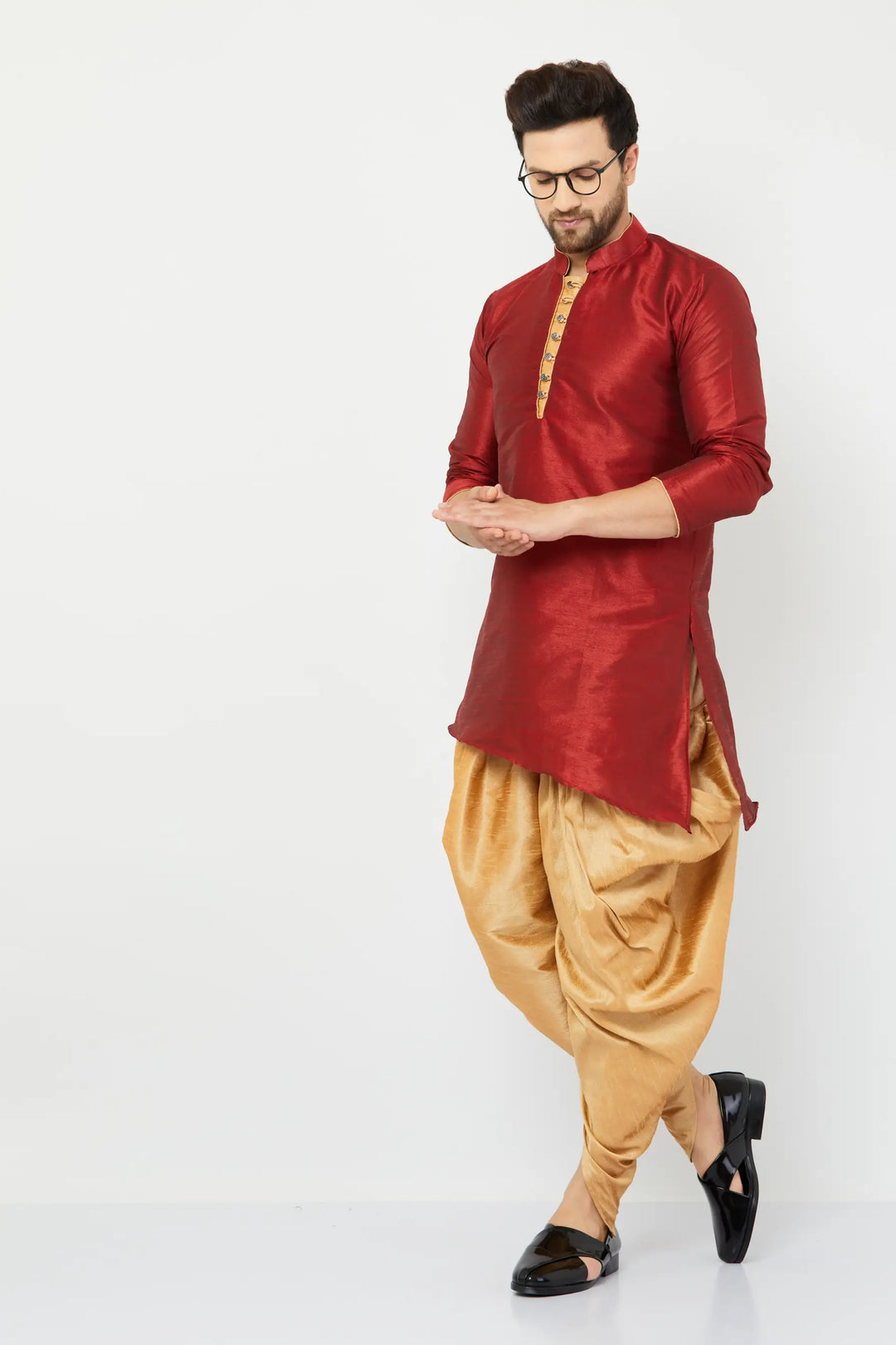 Regal Maroon and Gold Silk Dhoti Kurta Set for Men