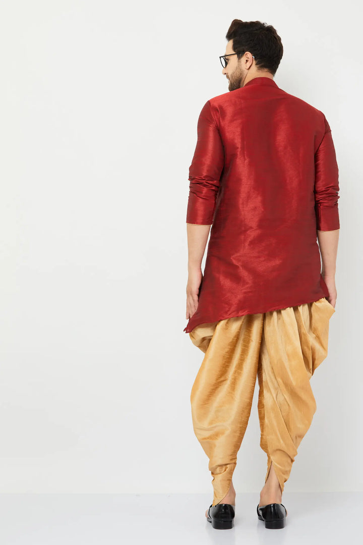 Regal Maroon and Gold Silk Dhoti Kurta Set for Men