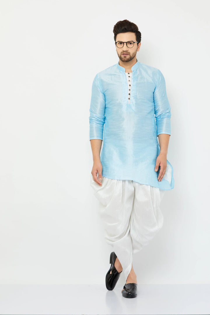 Sky Blue Silk Kurta and White Dhoti Set for men