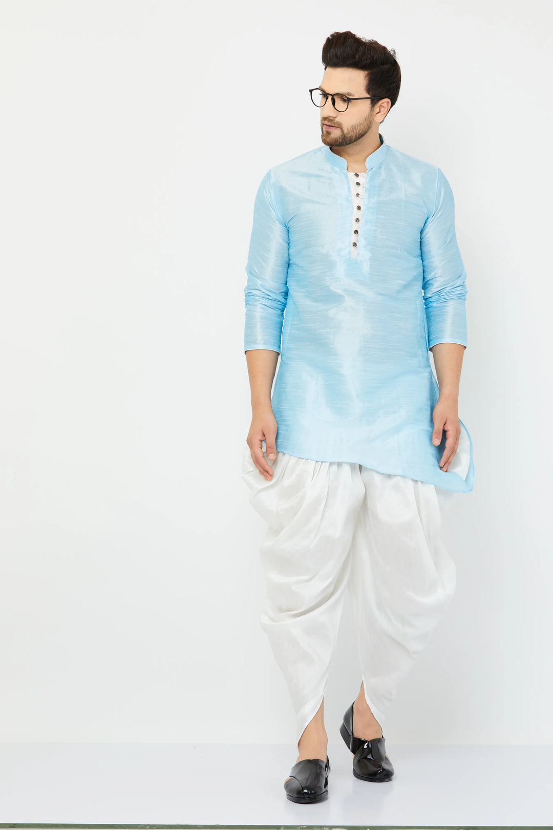 Sky Blue Silk Kurta and White Dhoti Set for men