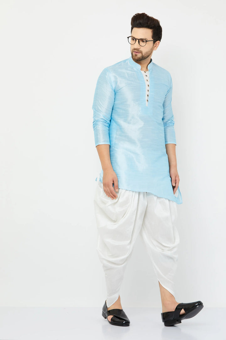 Sky Blue Silk Kurta and White Dhoti Set for men