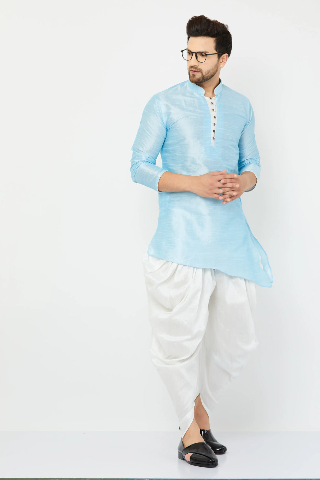 Sky Blue Silk Kurta and White Dhoti Set for men