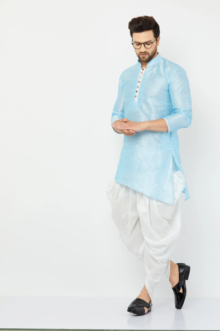 Sky Blue Silk Kurta and White Dhoti Set for men