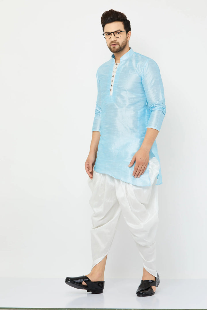 Sky Blue Silk Kurta and White Dhoti Set for men