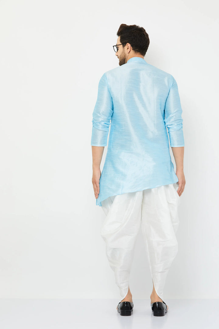 Sky Blue Silk Kurta and White Dhoti Set for men