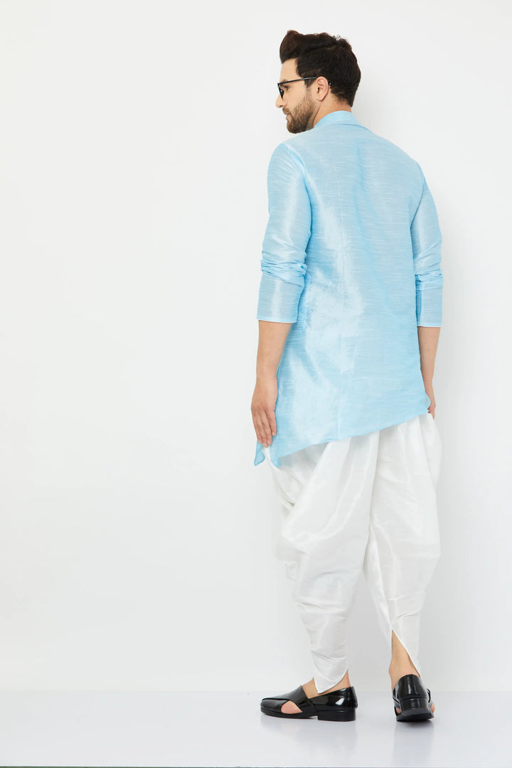 Sky Blue Silk Kurta and White Dhoti Set for men