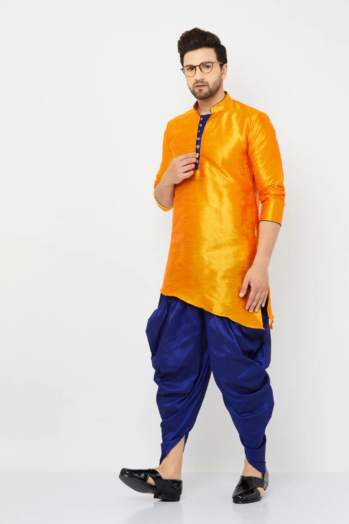 Exquisite Orange and Blue Dhoti Kurta Set for Men