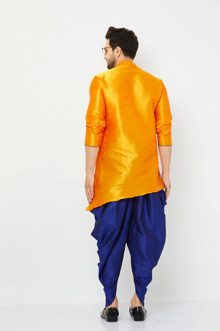 Exquisite Orange and Blue Dhoti Kurta Set for Men