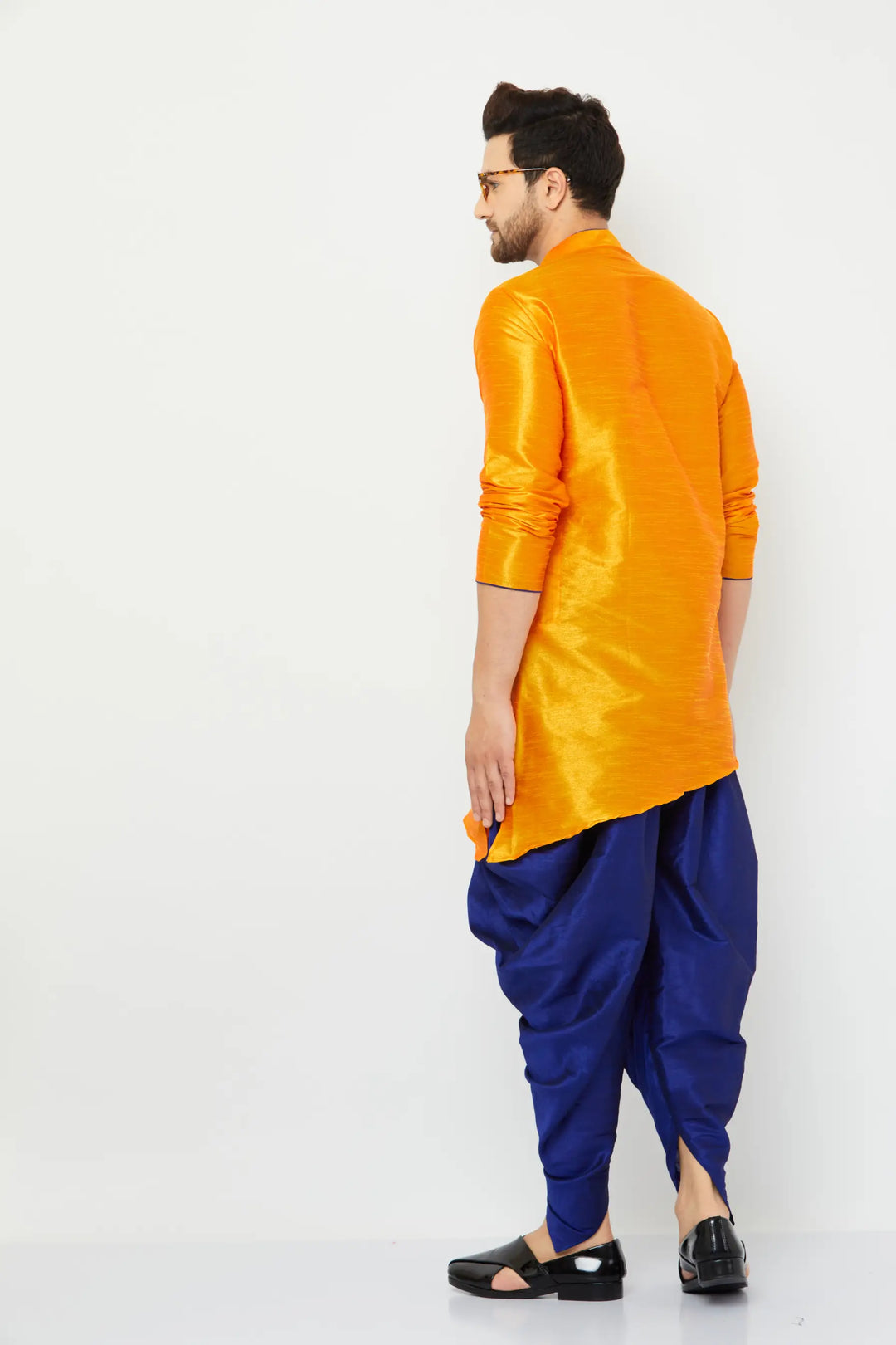 Exquisite Orange and Blue Dhoti Kurta Set for Men