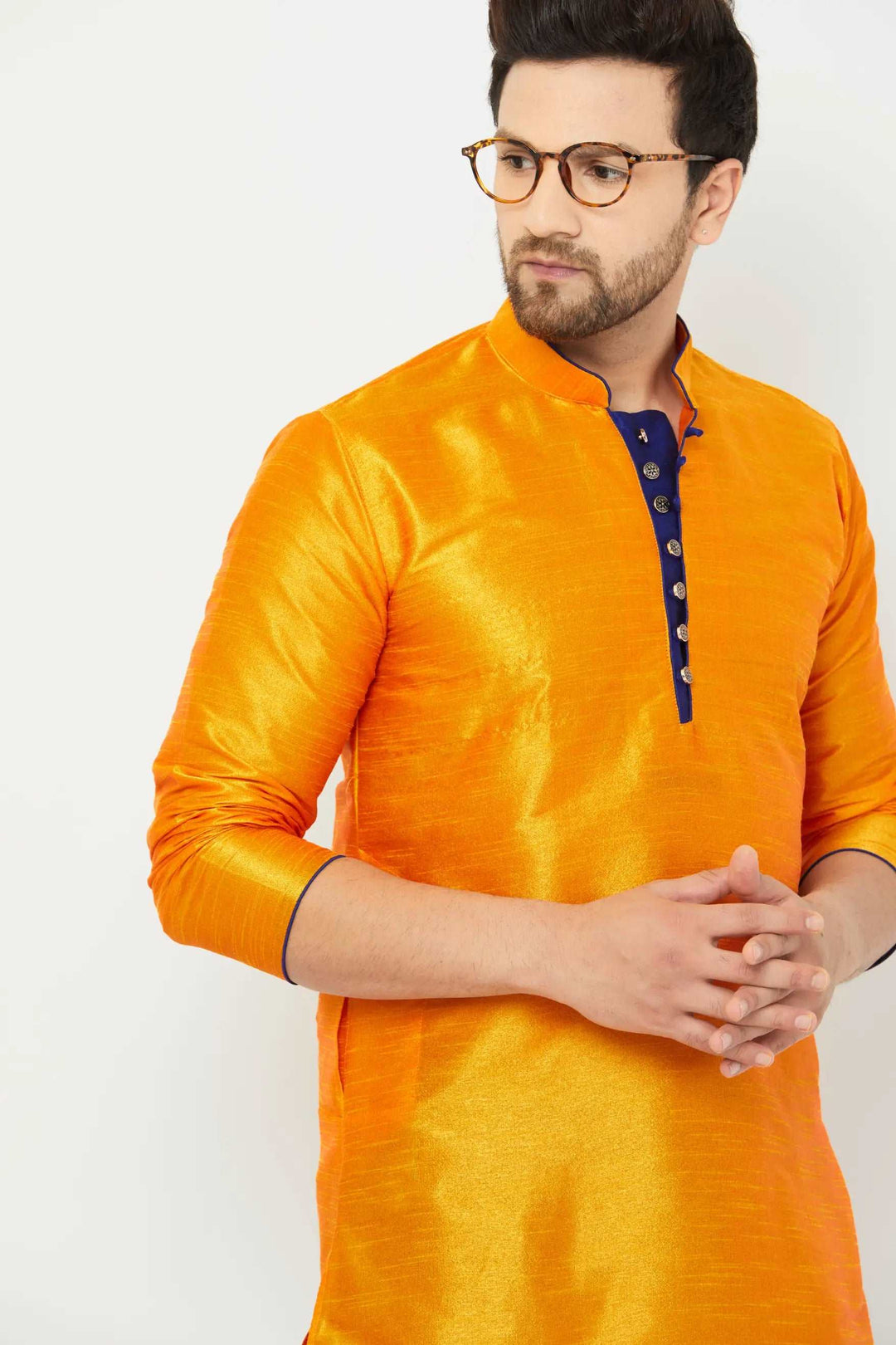 Exquisite Orange and Blue Dhoti Kurta Set for Men