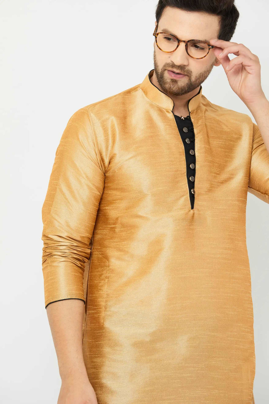 Elegant Gold and Black Silk Dhoti Kurta Set for Men