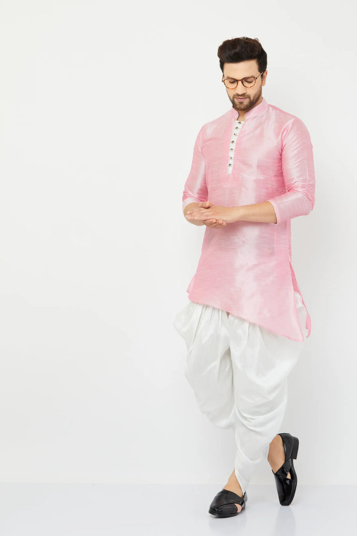 Charming Pink and White Silk Dhoti Kurta Set for Men