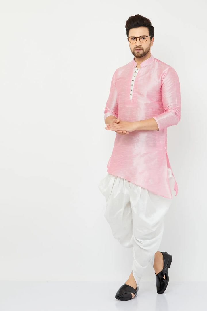 Charming Pink and White Silk Dhoti Kurta Set for Men