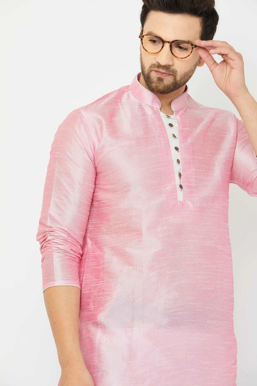 Charming Pink and White Silk Dhoti Kurta Set for Men