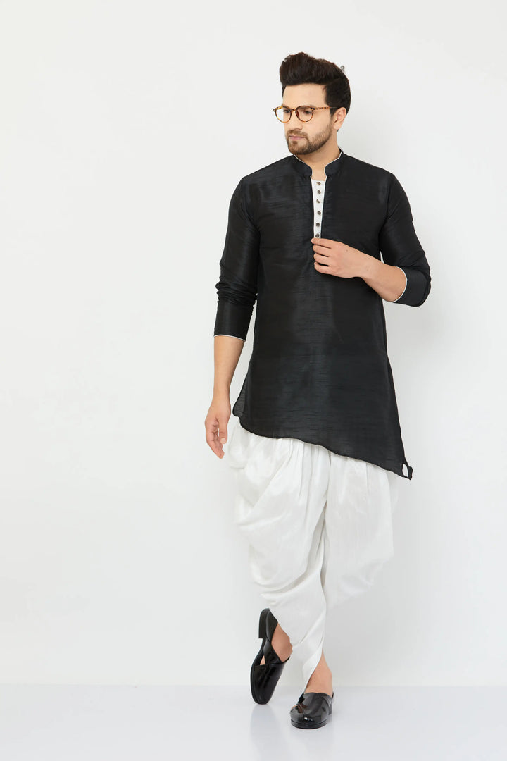 Black Silk Kurta and White Dhoti Set for men