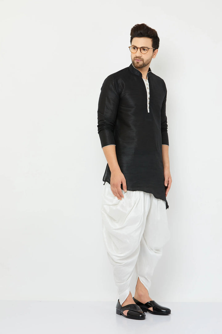 Black Silk Kurta and White Dhoti Set for men