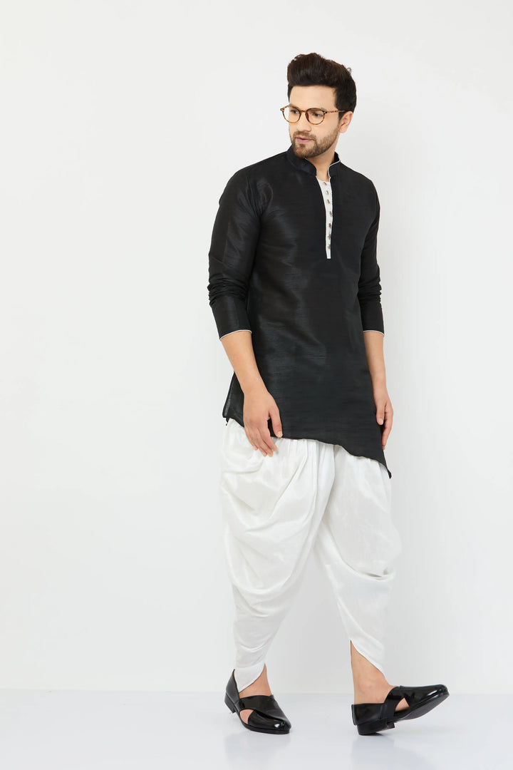 Black Silk Kurta and White Dhoti Set for men