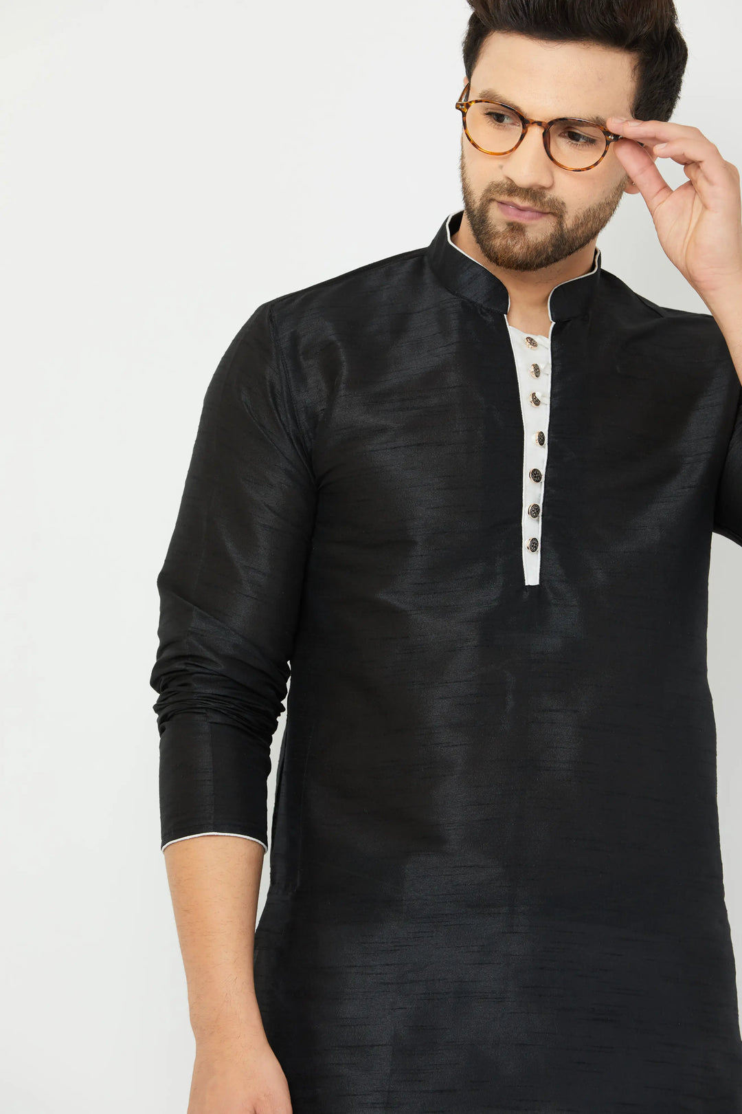 Black Silk Kurta and White Dhoti Set for men