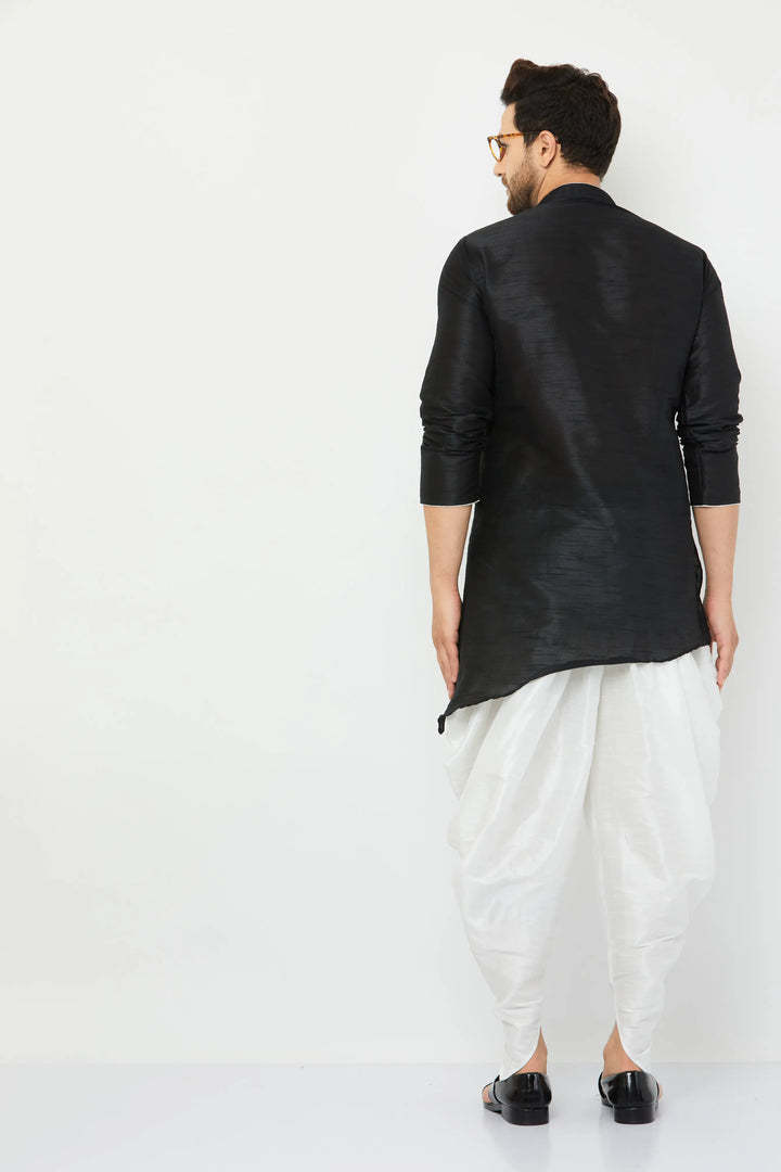 Black Silk Kurta and White Dhoti Set for men